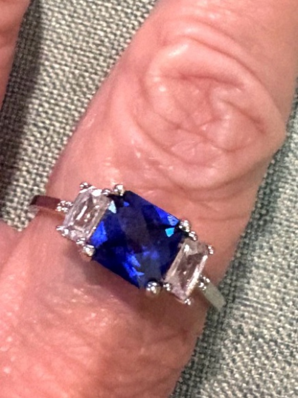 Vintage Faux Blue Sapphire Stainless Steel Cushion Cut Ring - Size 10